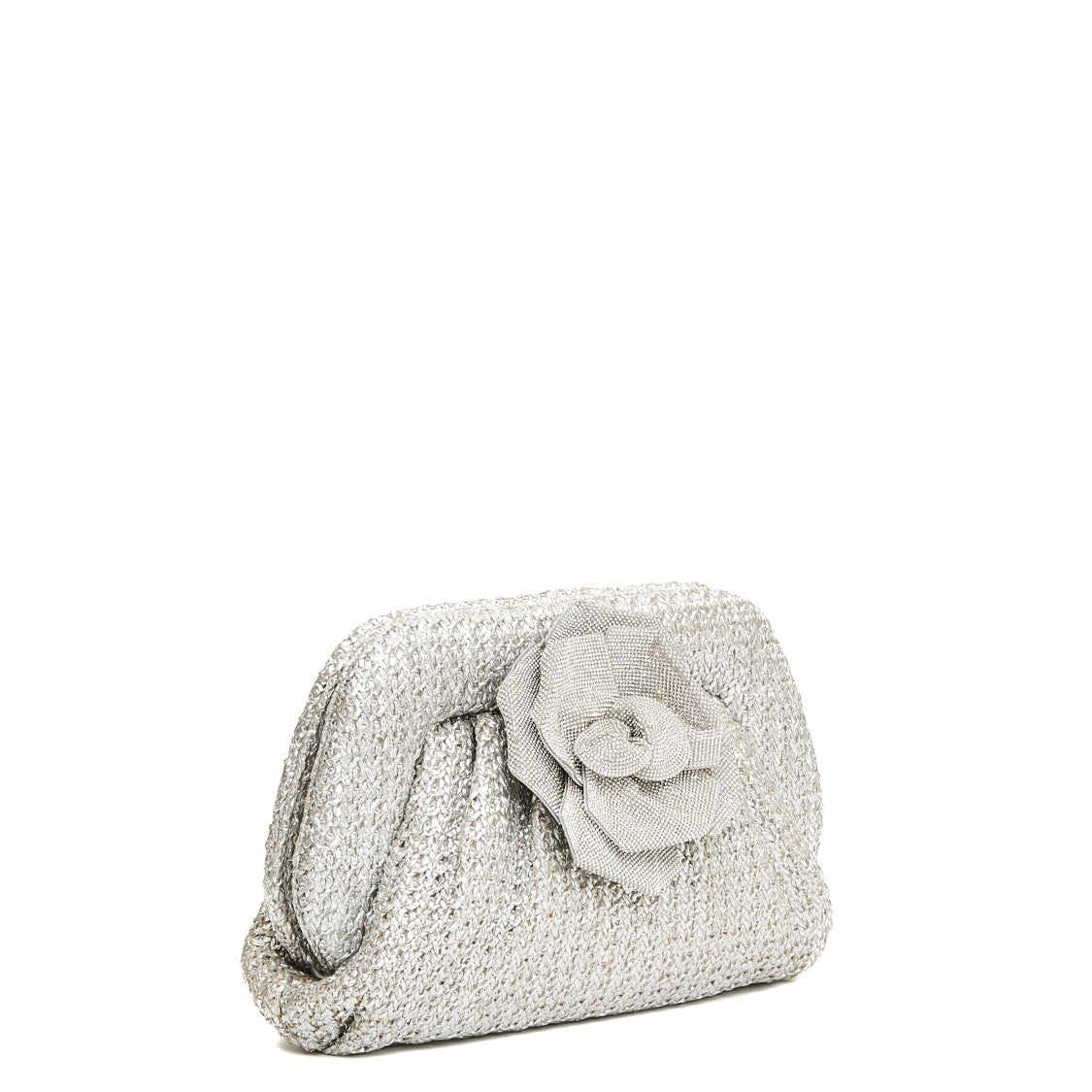 Twentyfourhaitch Woven Silver Clutch With Rhinestone Rose Detail