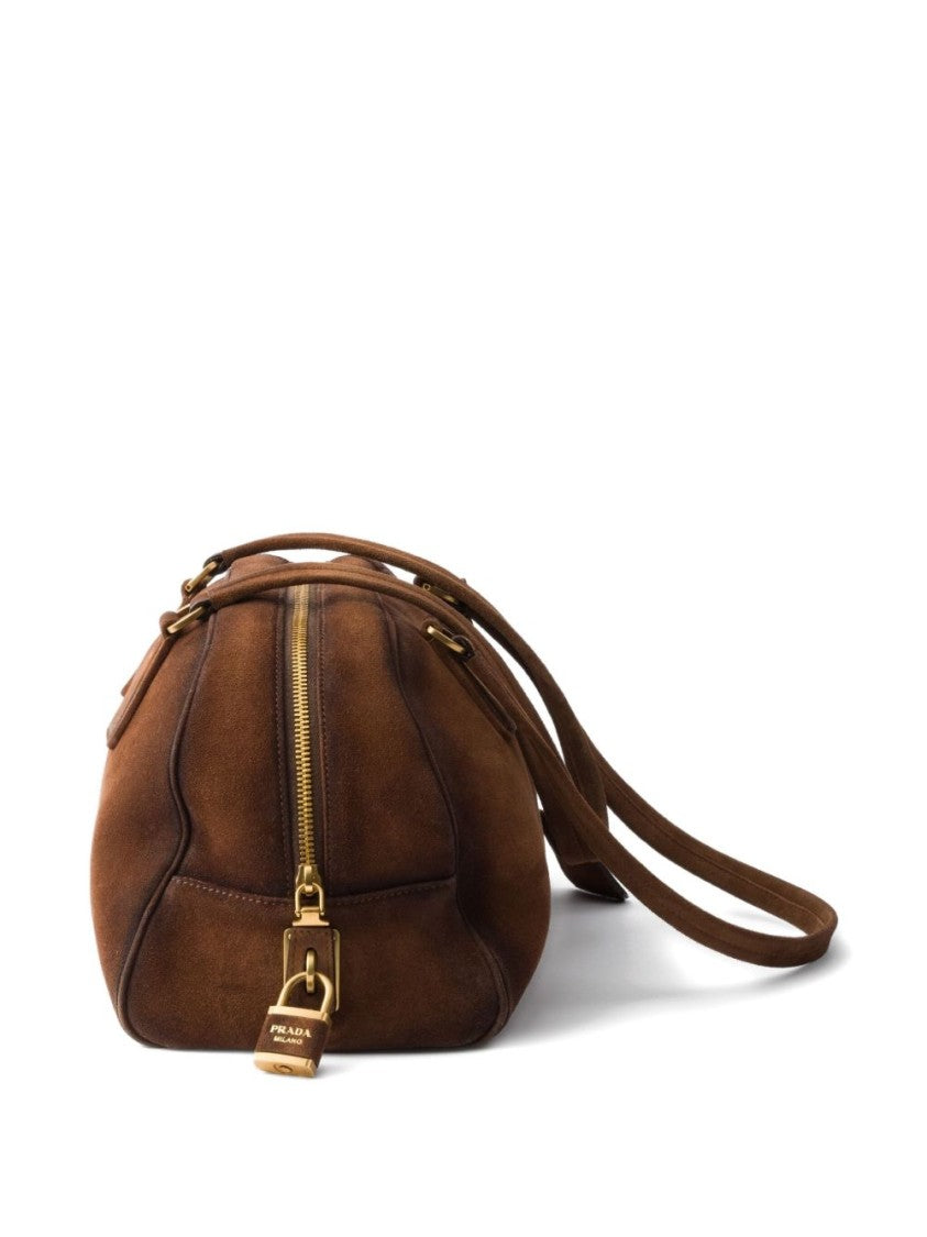 Prada Medium Suede Bowling Bag With Metal Hardware And Nappa Leather Interior