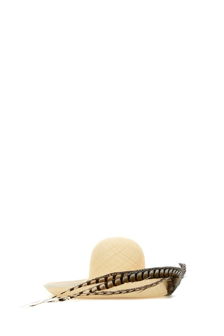 Valentino Garavani Wide-Brimmed Straw Hat With Decorative Feather Accent