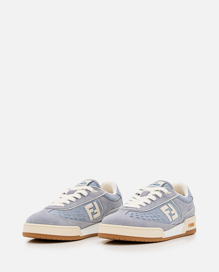 Fendi Denim And Leather Trainers With Embossed Logo