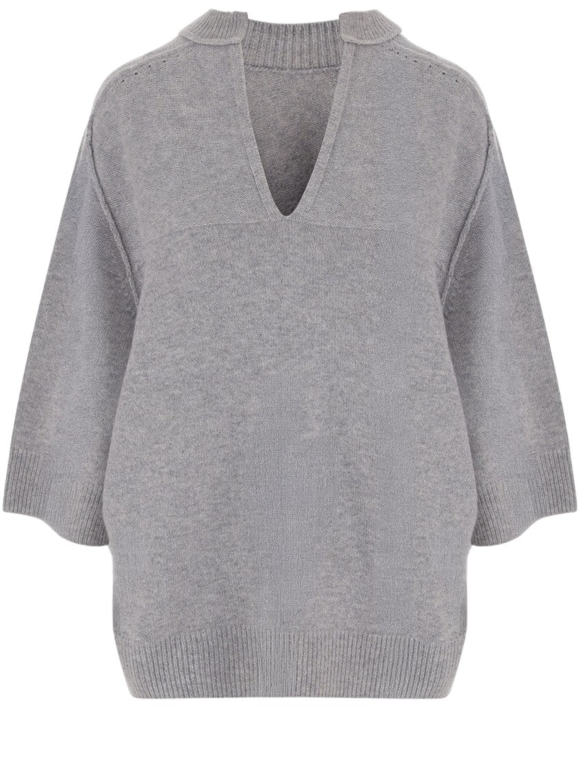Carven Light Gray Deep V-Neck Cashmere Sweater