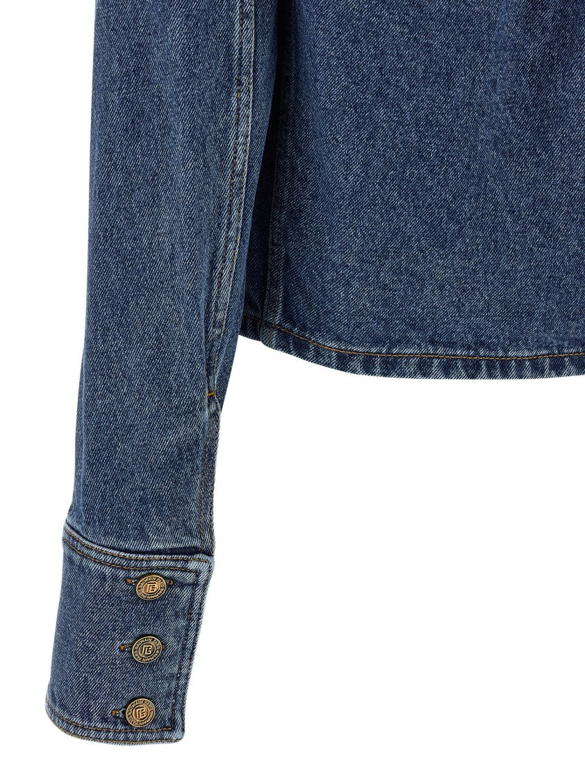 Balmain Cropped Cotton Denim Jacket With Classic Collar