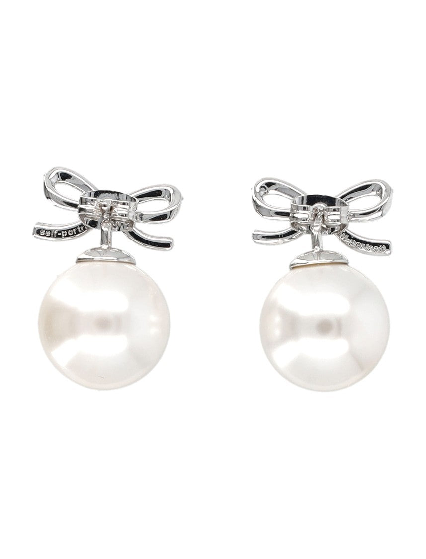 Self-Portrait Silver Crystal Bow Pearl Earrings
