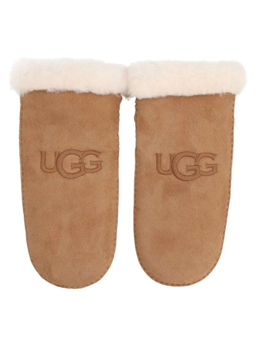 Ugg Brown Suede Fur Trim Mitten Gloves