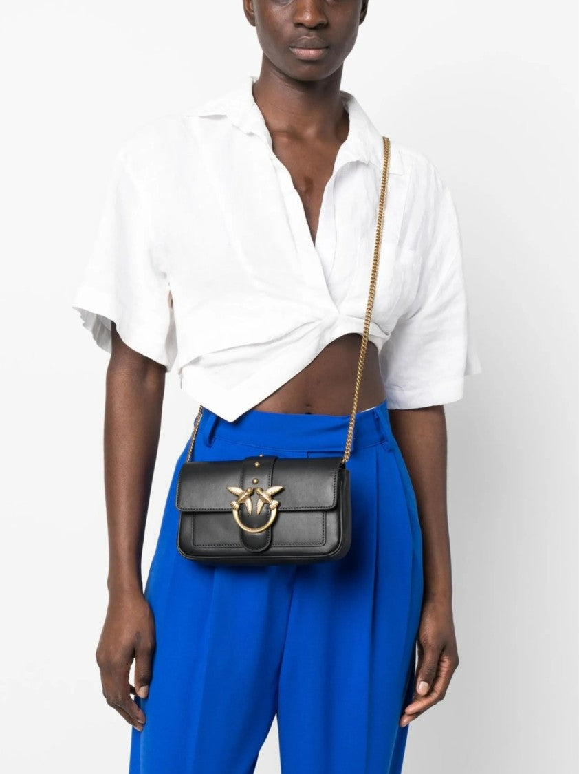 Pinko Structured Black Bag With Gold-Tone Bird Embellishment