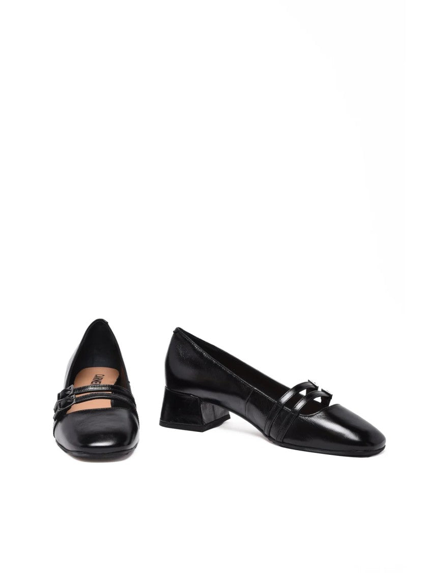 Carmens Black Leather Block Heel Pointed Toe Pumps