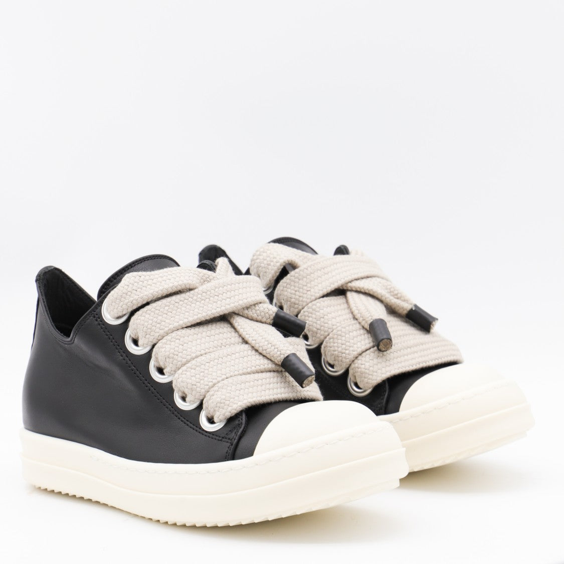 Rick Owens Chunky Black Leather Sneakers With Oversized Lace Detail