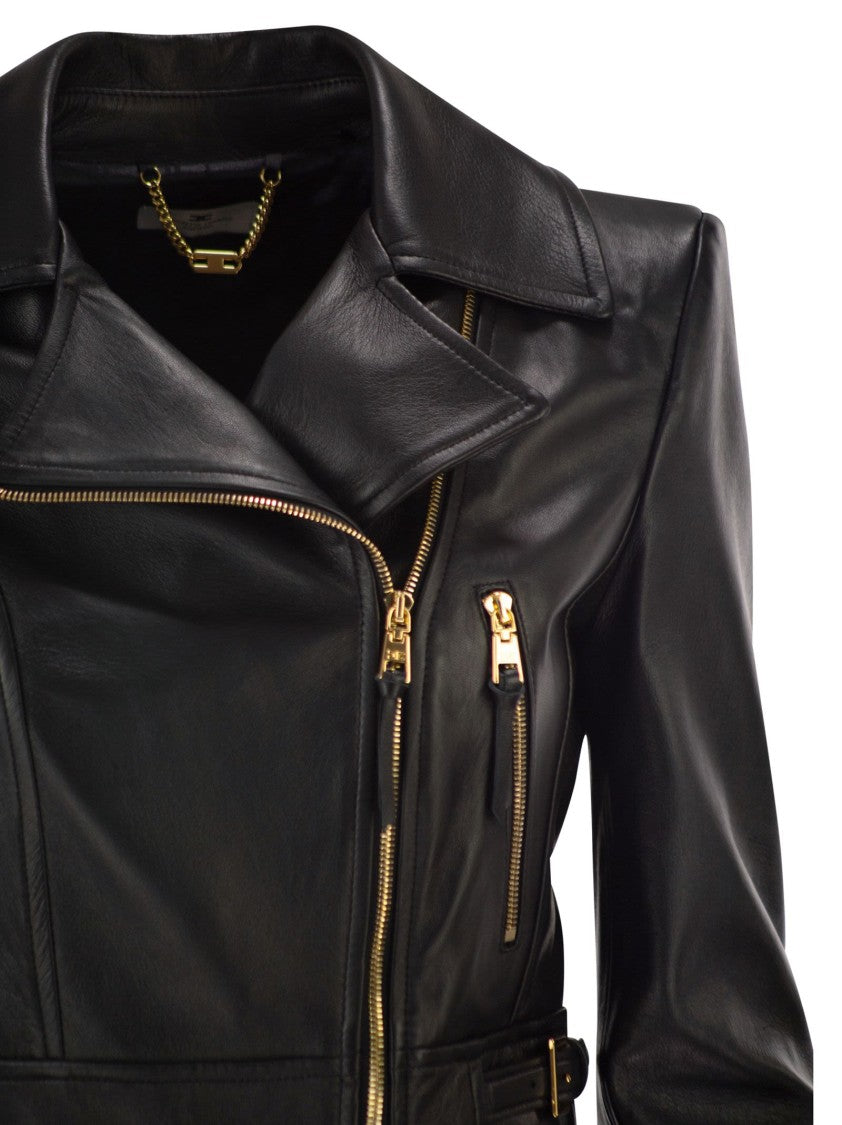 Elisabetta Franchi Classic Leather Biker Jacket With Structured Shoulders