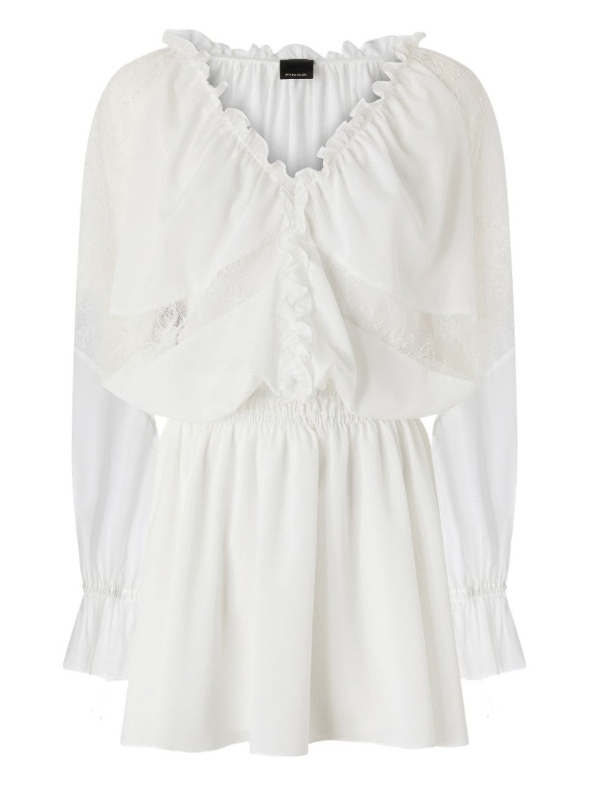 Pinko Ruffled White Blouse With Peplum Waist And Lace Inserts