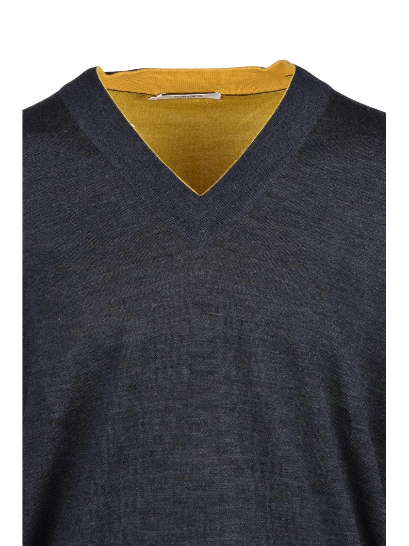 Kangra V-Neck Pullover In Deep Charcoal With Mustard Accents