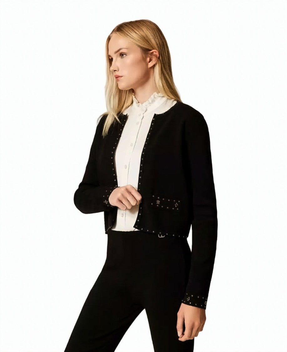 Twin-Set Black Rhinestone Studded Viscose-Blend Knit Cardigan