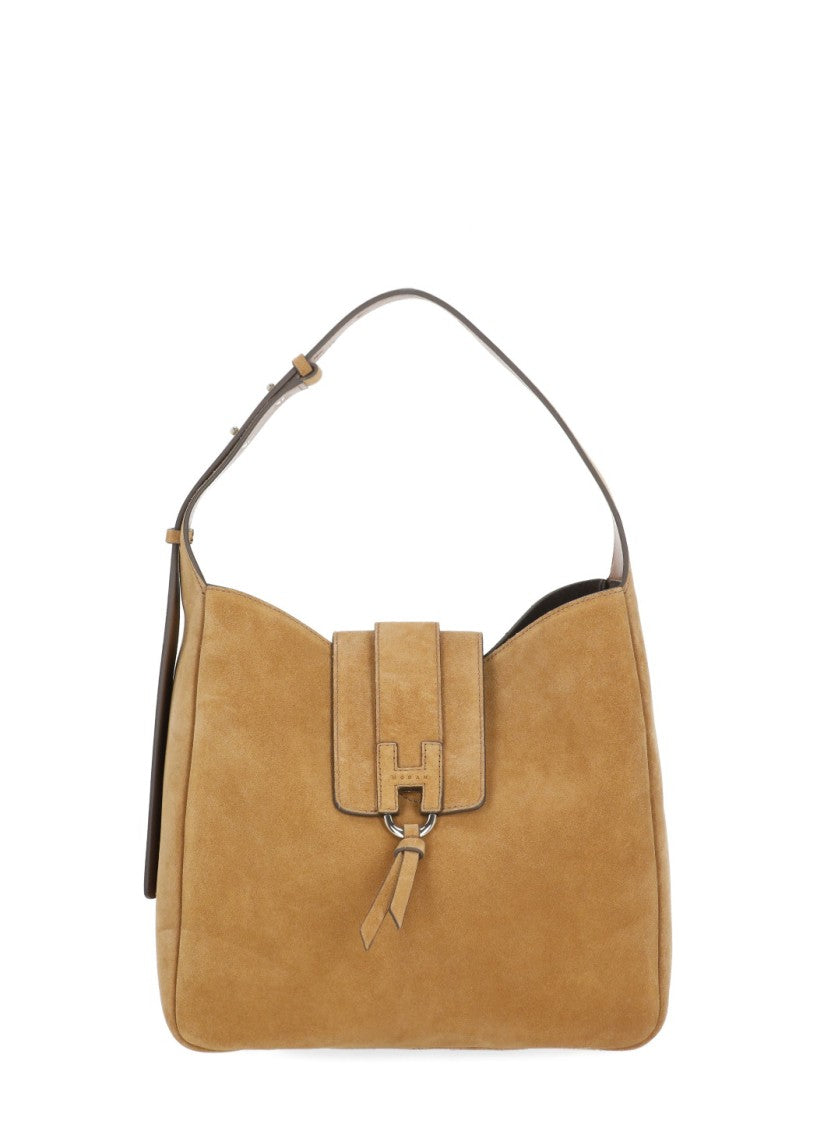 Hogan Light Brown Suede Shoulder Bag With H Detail