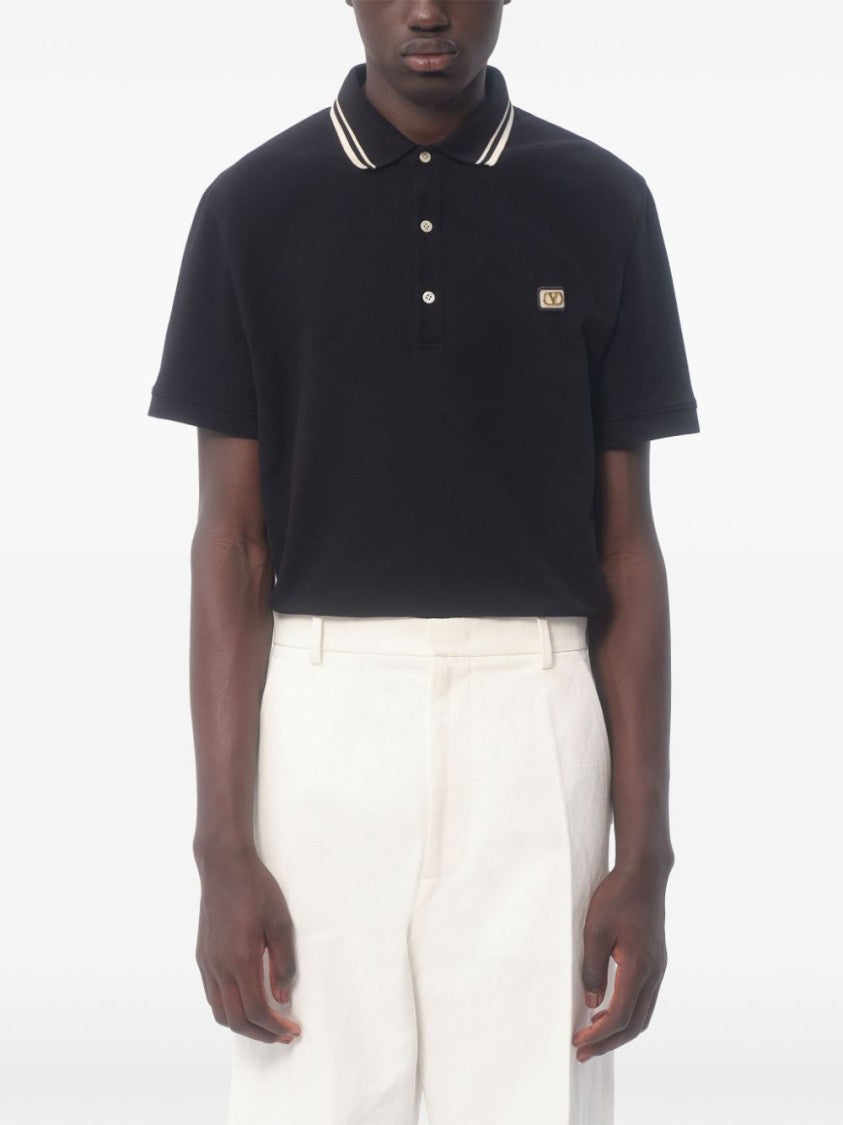 Valentino Black Cotton Polo Shirt With Logo Patch