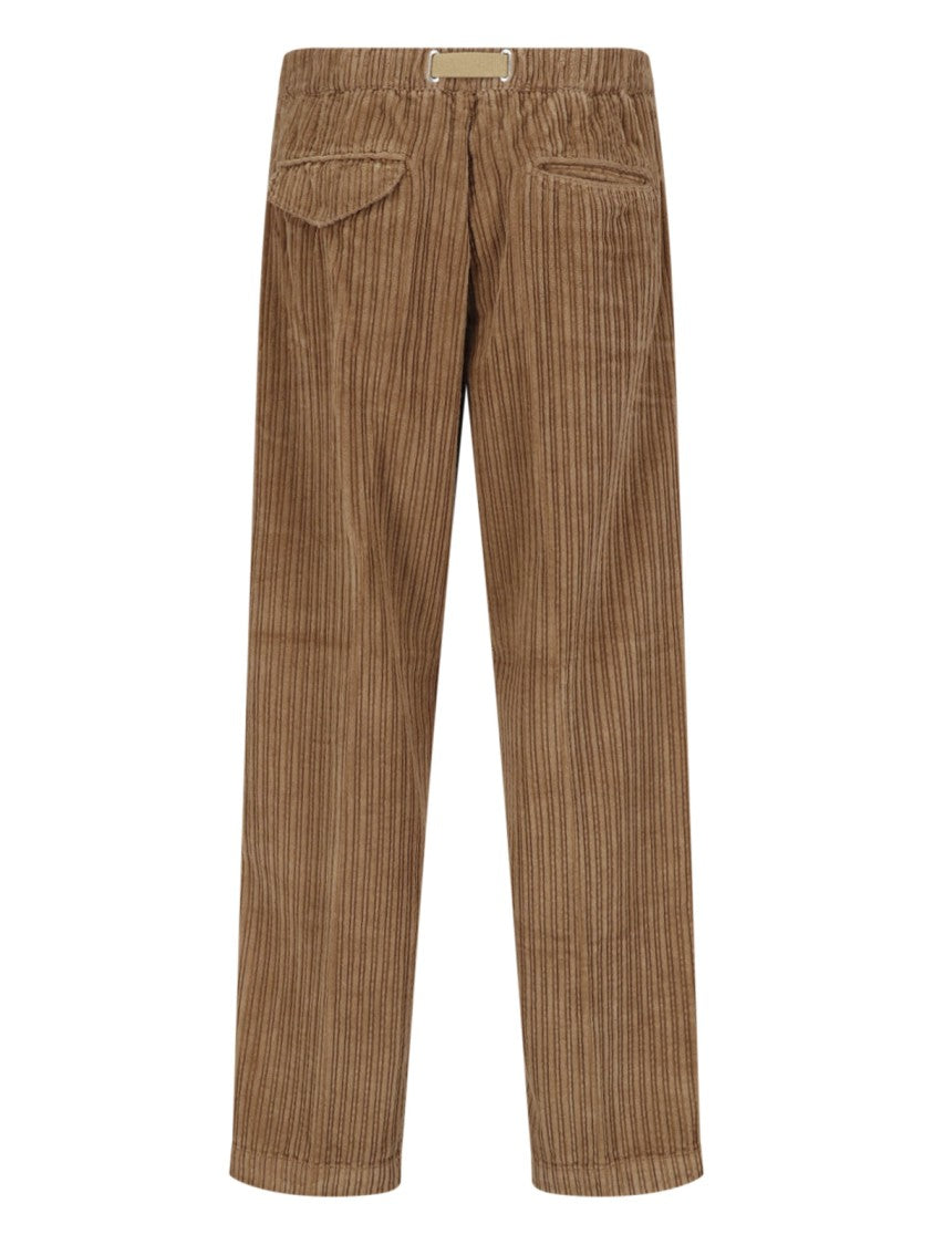 White Sand Brown Ribbed Pleated Velvet Straight-Leg Pants
