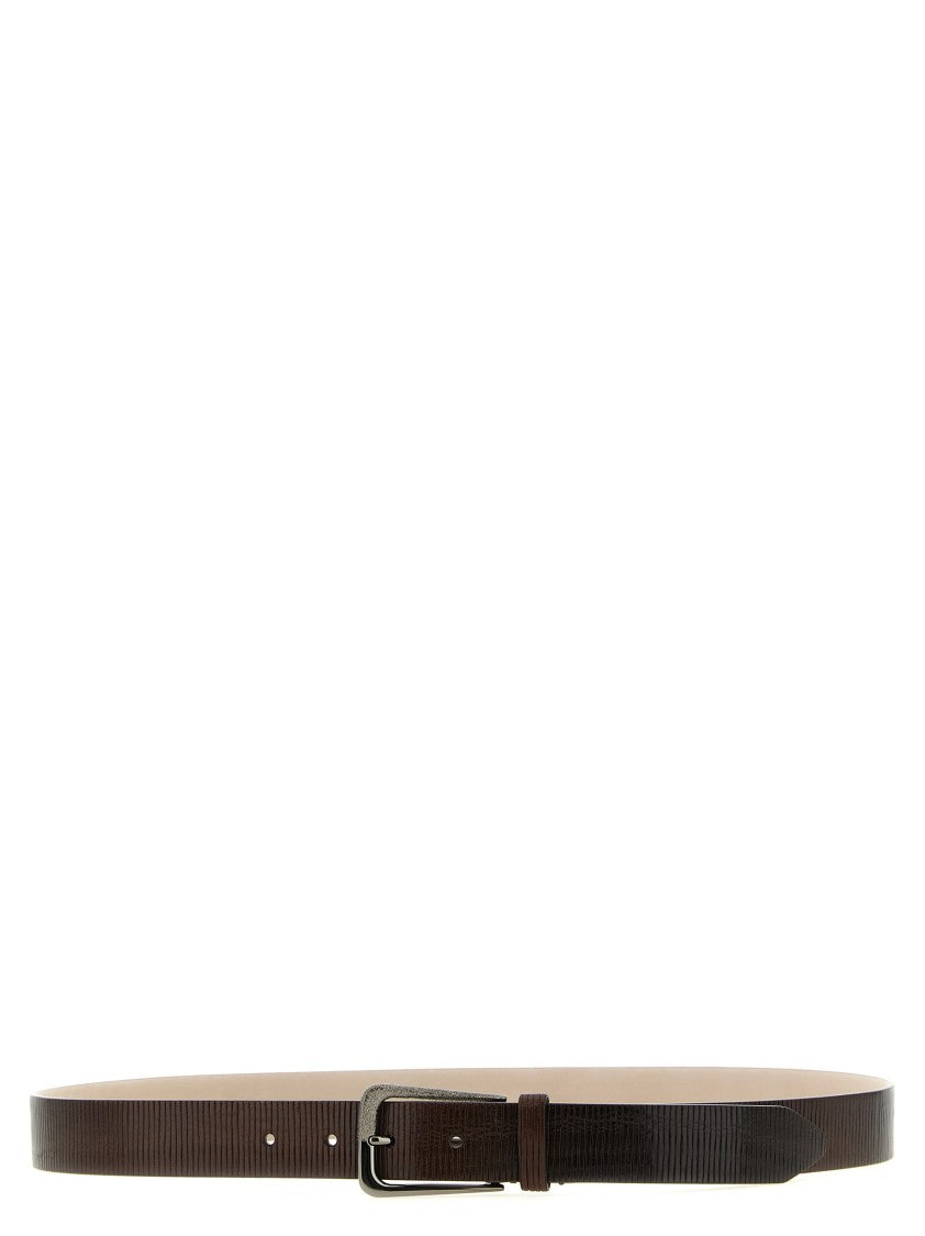 Brunello Cucinelli Textured Brown Leather Belt With Metal Buckle