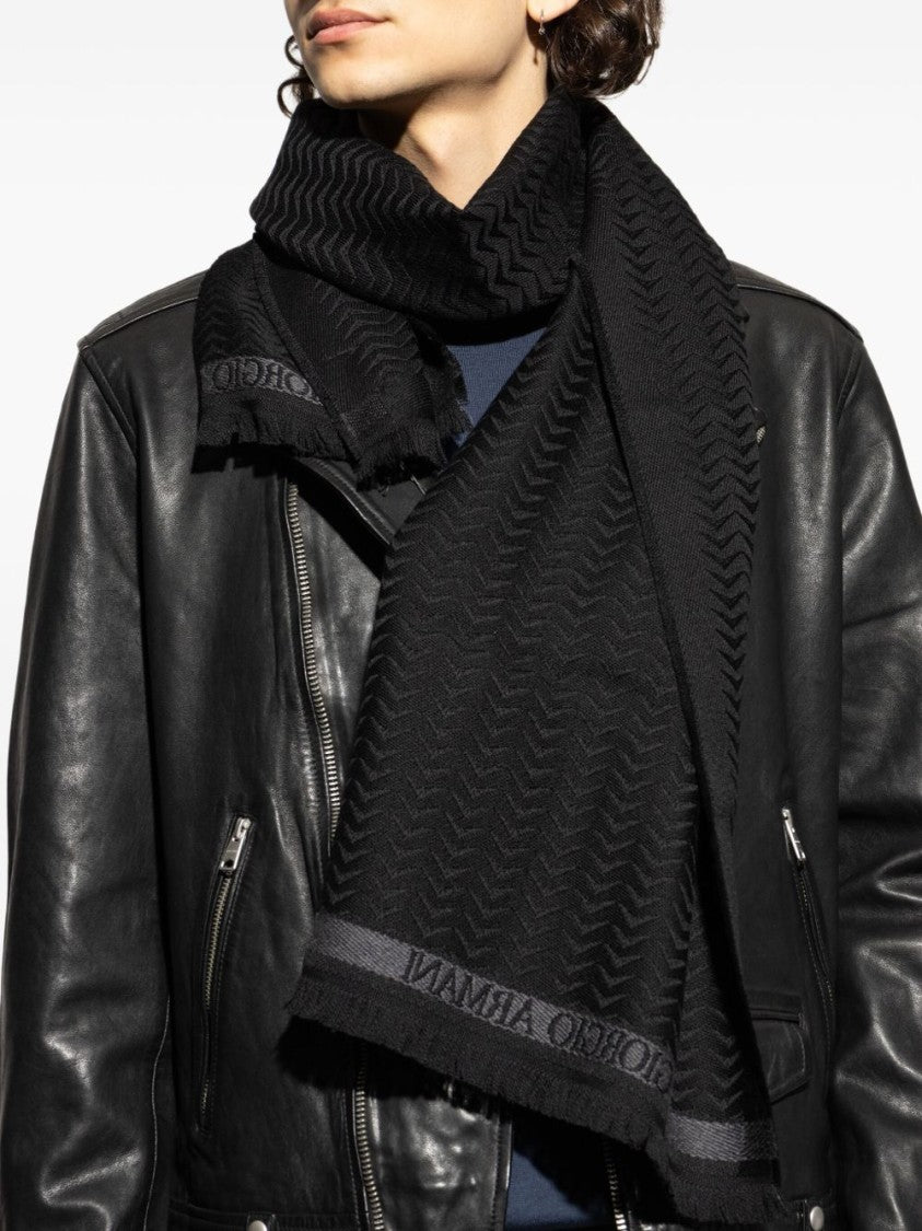 Giorgio Armani Herringbone Motif Black Scarf With Frayed Edges