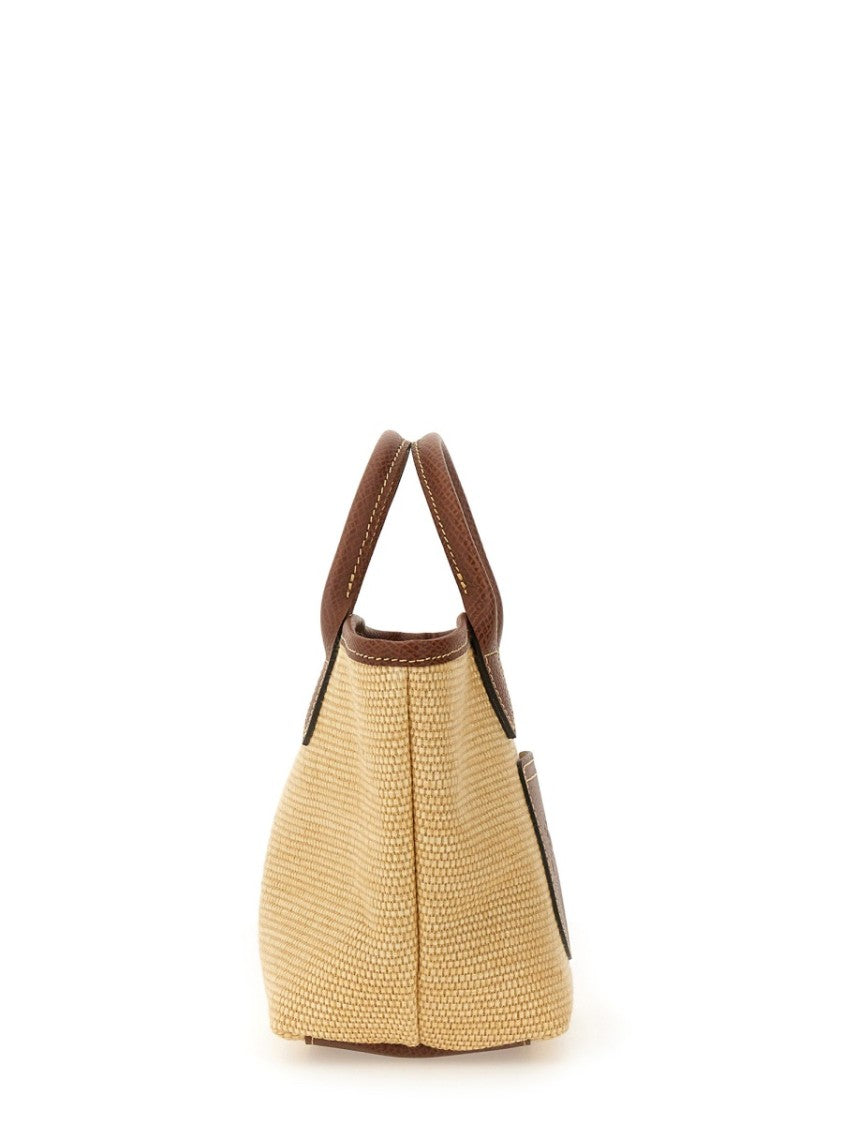 Longchamp Small Woven Cotton Tote Bag With Leather Trim