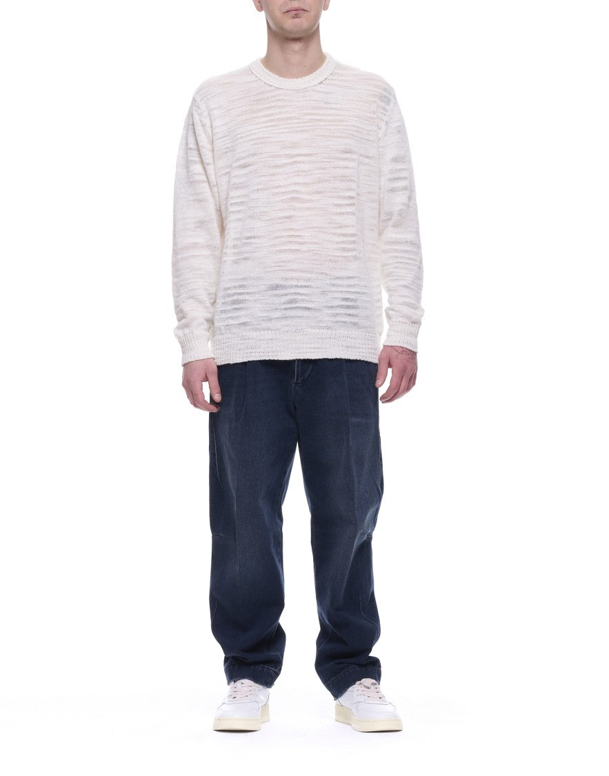 Atomofactory White Slub Crew-Neck Linen Blend Sweater