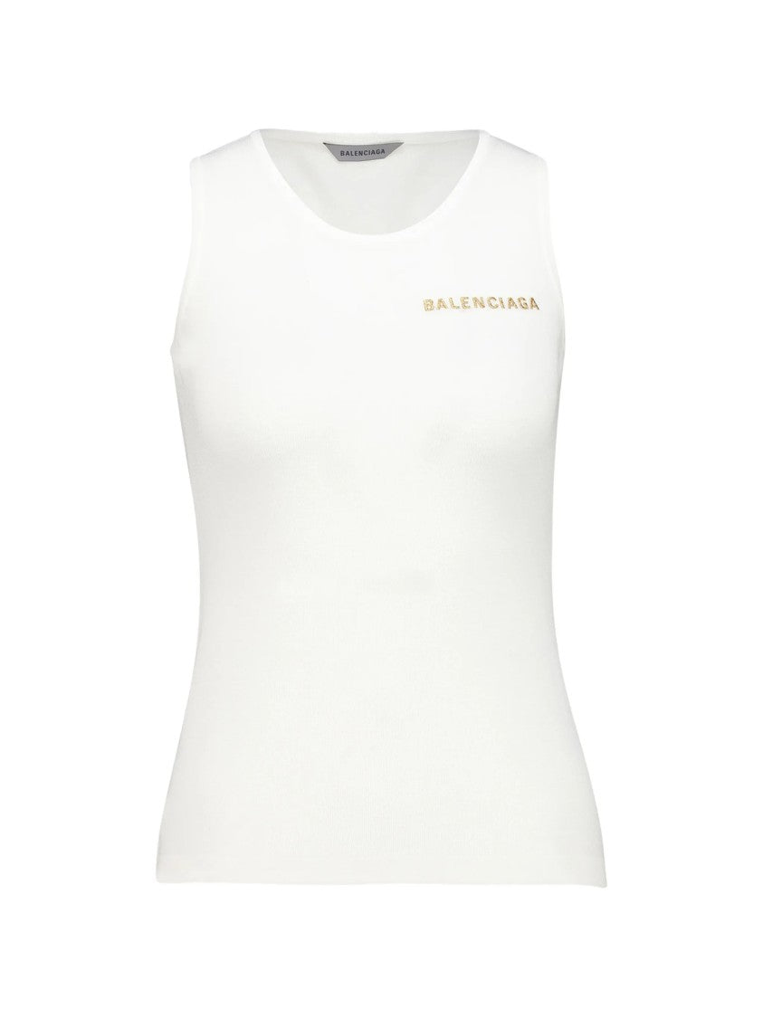 Balenciaga Fitted White Tank Top With Round Neckline And Contrasting Logo Detail