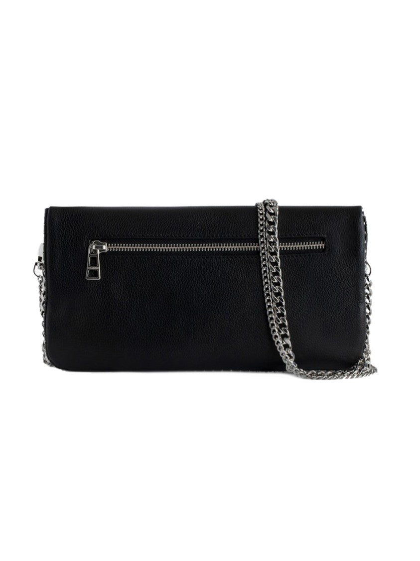 Zadig & Voltaire Textured Black Clutch Bag With Silver Wing Emblem