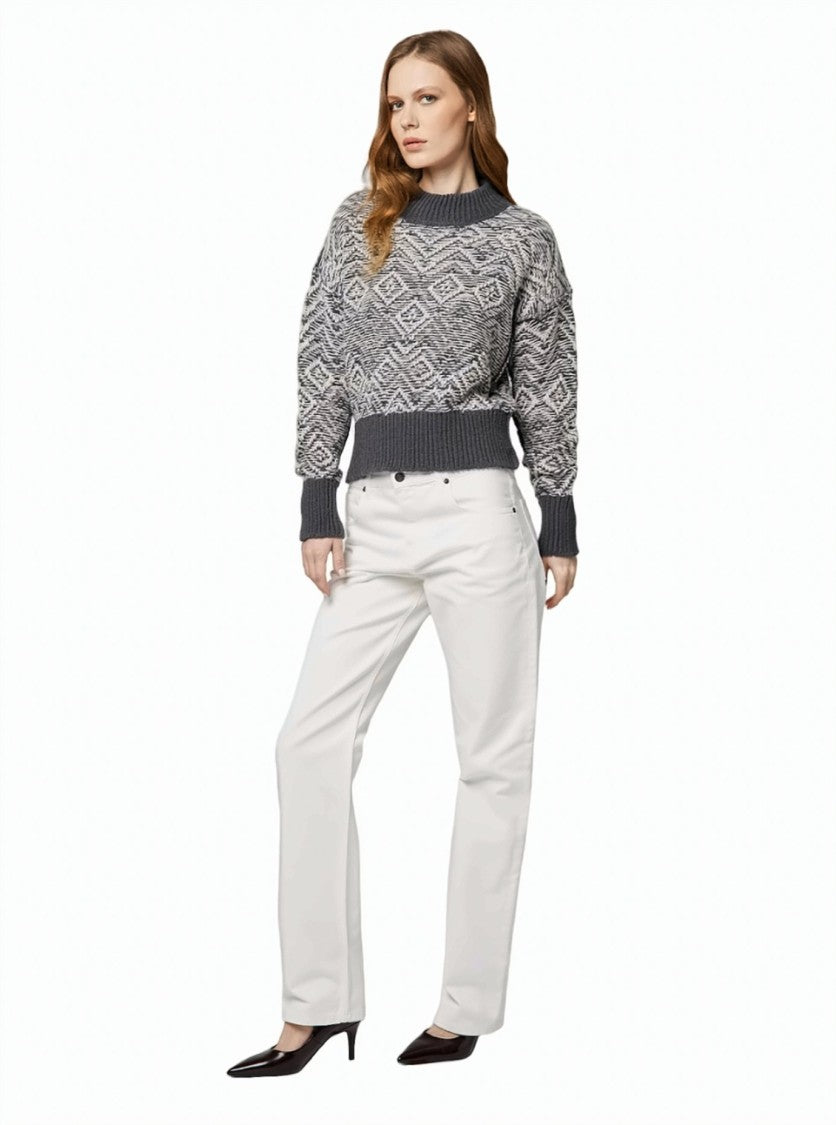Alpha Studio Two-Tone Chevron Jacquard Wool Crewneck Sweater