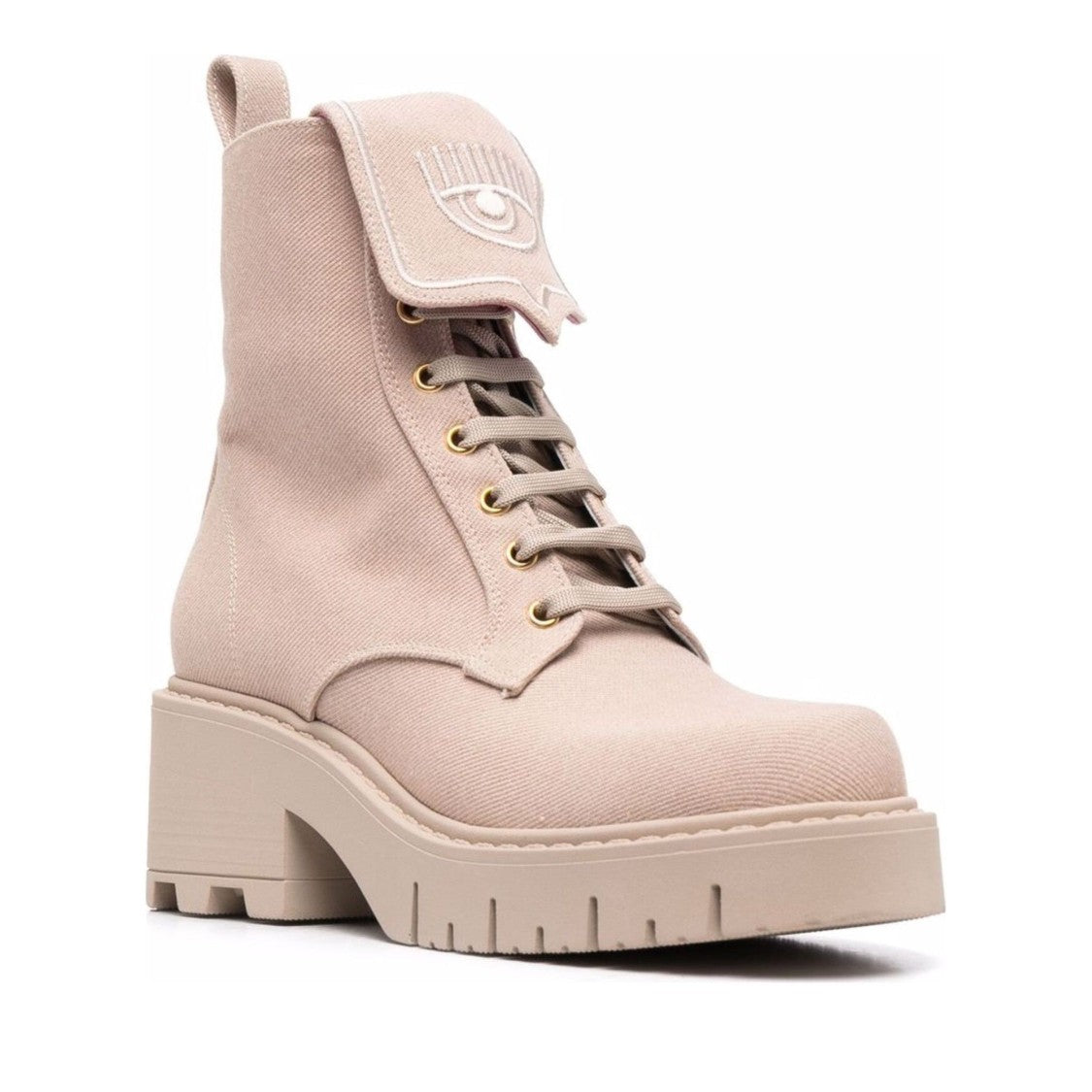 Chiara Ferragni Beige Embroidered Eye Motif Leather Ankle Boots