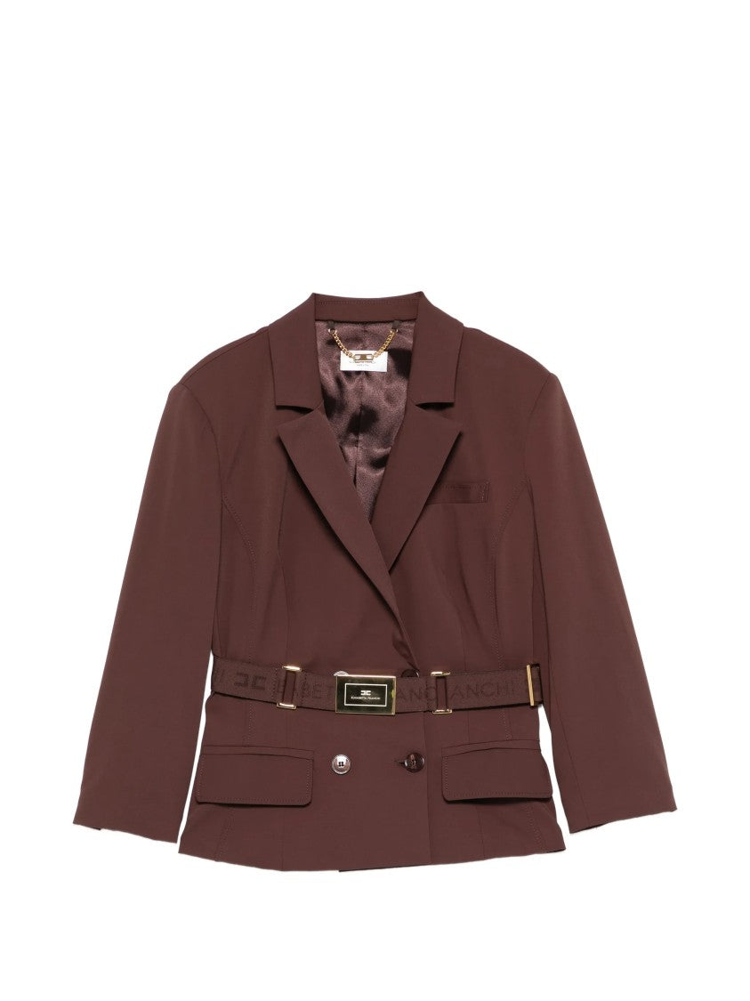 Elisabetta Franchi Double-Breasted Tailored Brown Belted Jacket