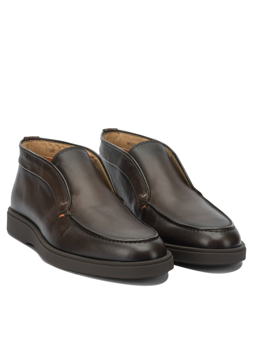 Santoni Brown Leather Loafers With Rounded Toe