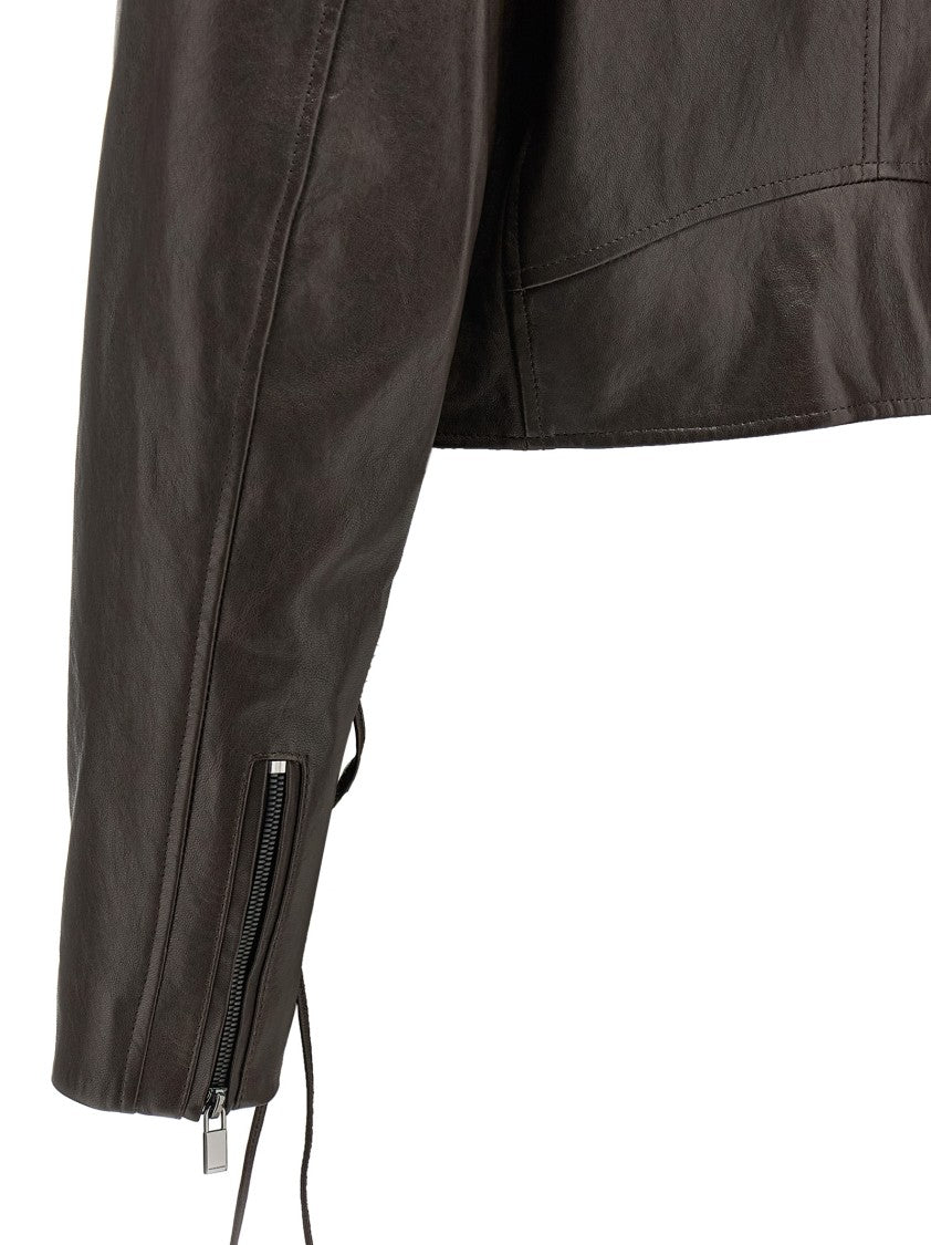 Magda Butrym Cropped Brown Sheepskin Biker Jacket