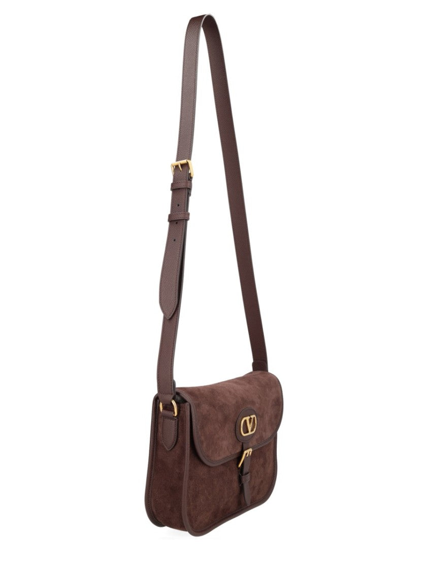 Valentino Garavani Rectangular Suede Shoulder Bag With Gold-Tone Logo Plaque