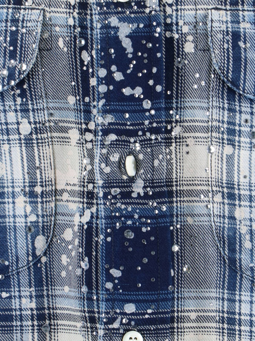 Dsquared2 Vintage Blue Plaid Shirt With Crystal Accents And Classic Collar