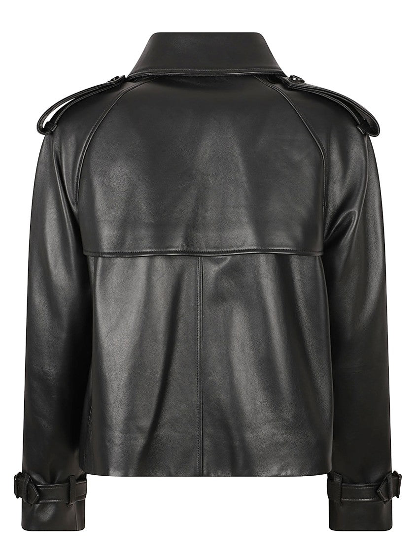Burberry Cropped Black Lamb Leather Jacket With Double-Breasted Front