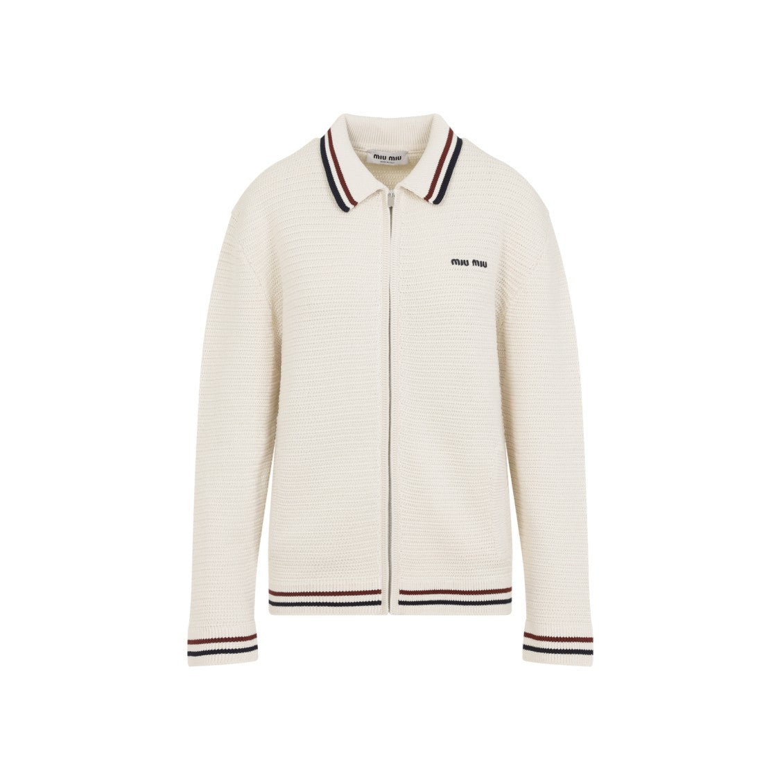 Miu Miu Textured Knit Cardigan With Classic Collar And Zip Closure