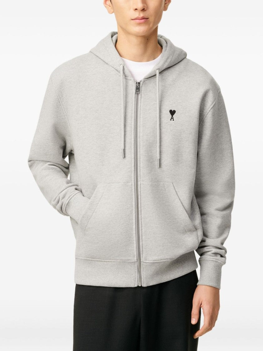 Ami Paris Light Grey Zip-Up Hoodie With Subtle Embroidered Detail