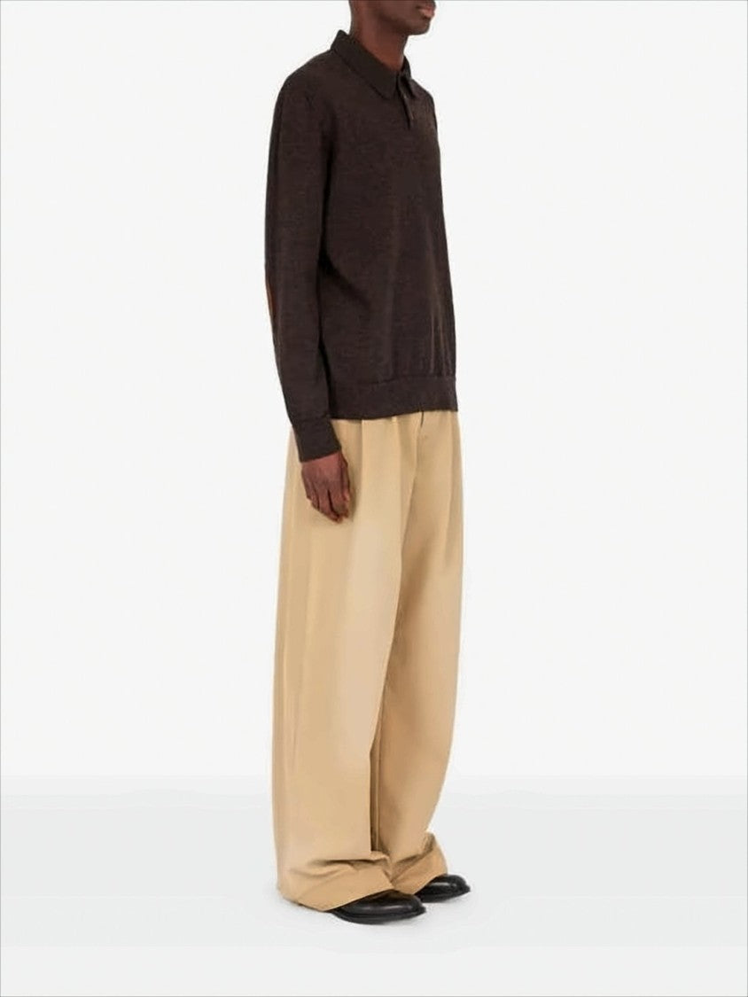 Maison Margiela Dark Brown Wool Knit Polo Sweater With Suede Elbow Patches