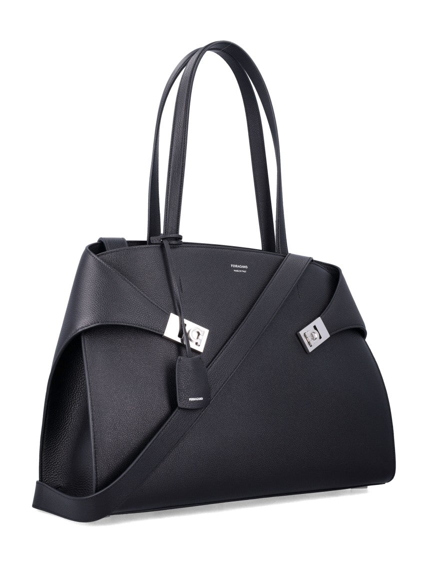 Ferragamo Hug Shoulder Bag In Hammered Leather With Silver Metal Hardware