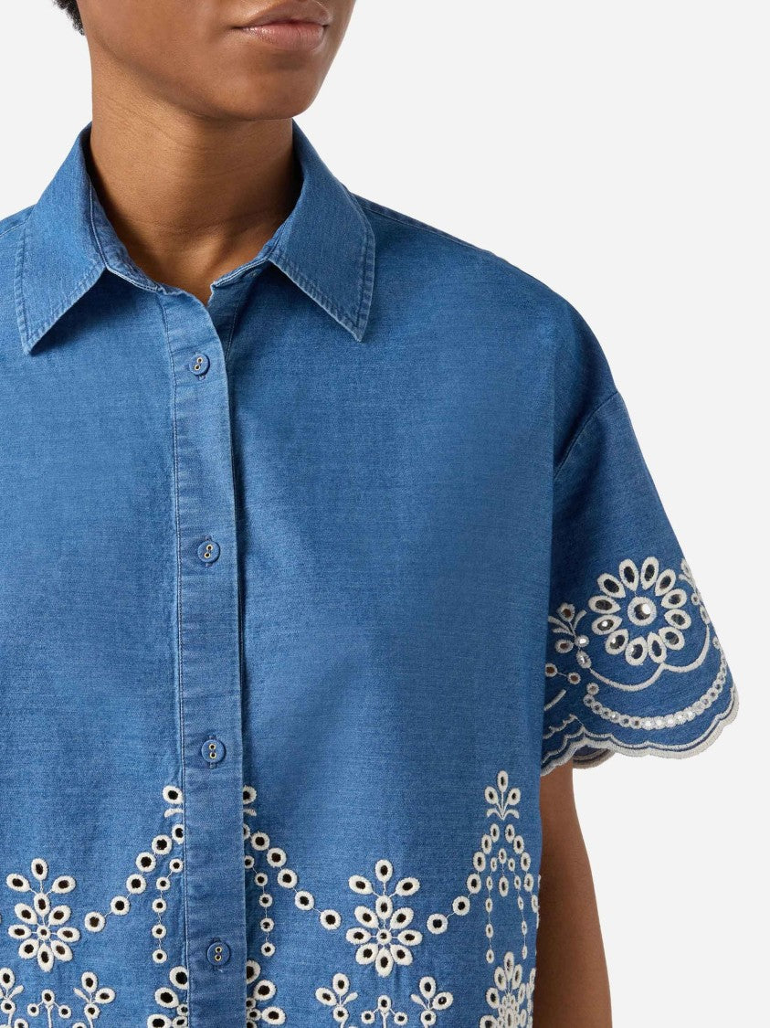 Mc2 Saint Barth Cropped Shirt With Classic Collar And Floral Embroidery