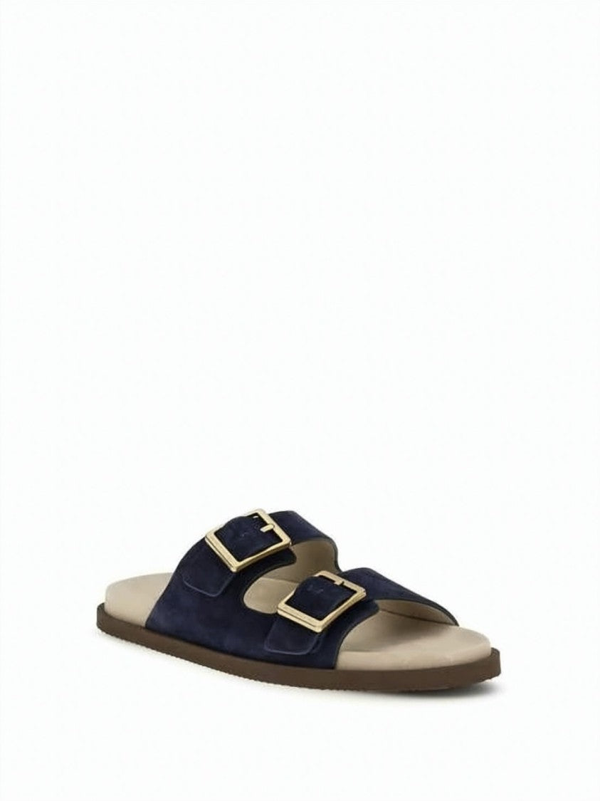 Brunello Cucinelli Two-Strap Suede Sandals With Metallic Buckles