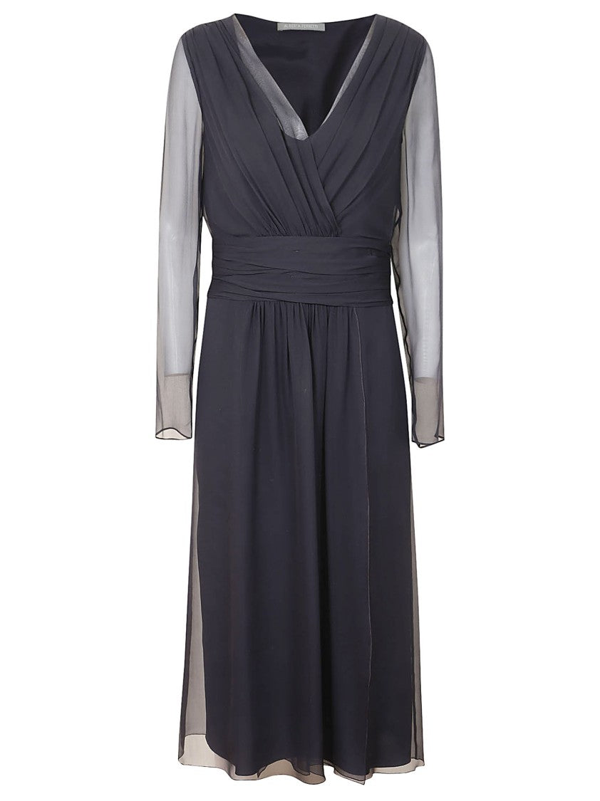 Alberta Ferretti Midi Dress With Deep V-Neckline And Sheer Sleeves