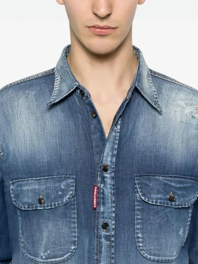 Dsquared2 Blue Long-Sleeve Distressed Wash Denim Shirt