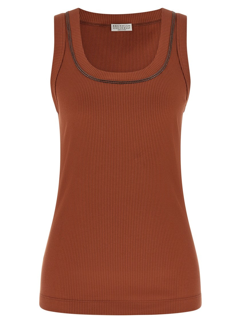 Brunello Cucinelli Stretch Cotton Ribbed Jersey Top With Square Neckline And Shiny Trim