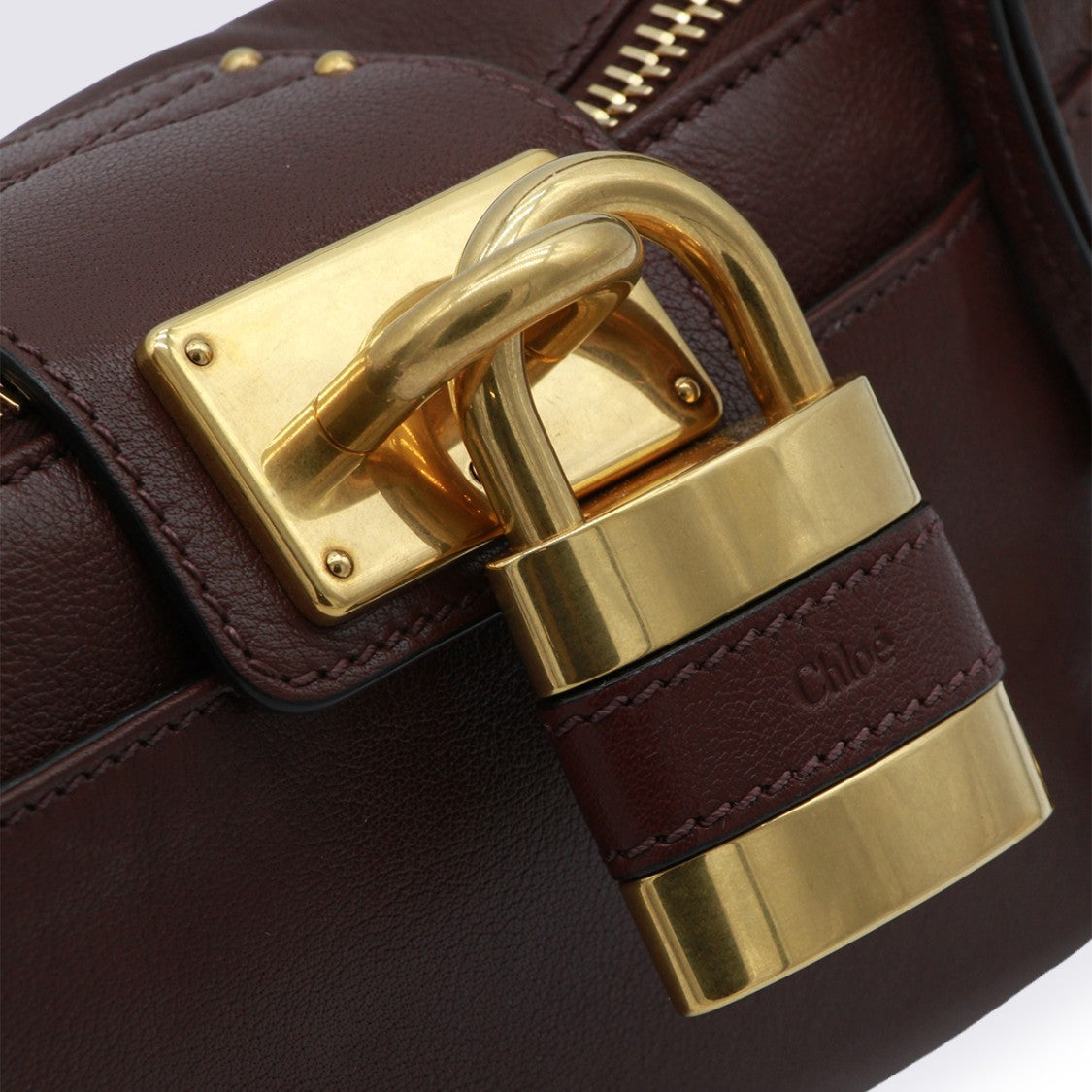 Chloé Rectangular Dark Brown Leather Handbag With Gold Tone Lock