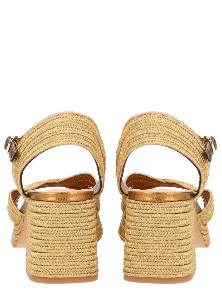 Castaner Neutrals Crisscross Straps Metallic Block Sandals