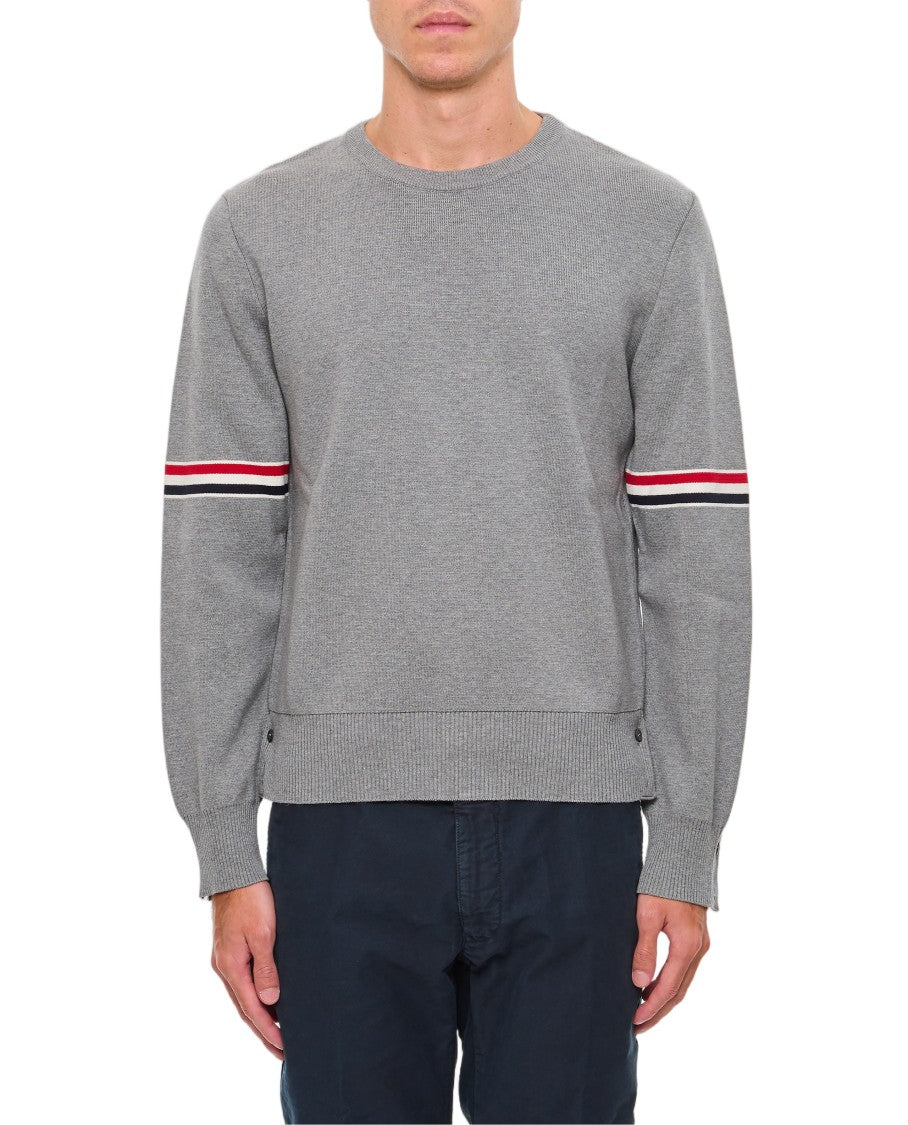 Thom Browne Grey Crewneck Pullover With Striped Sleeve Accents