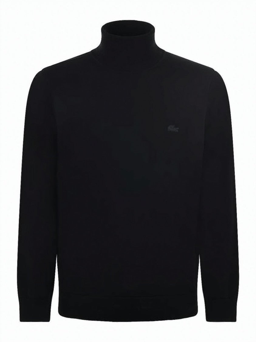 Lacoste Fitted Black Wool Turtleneck With Ribbed Accents