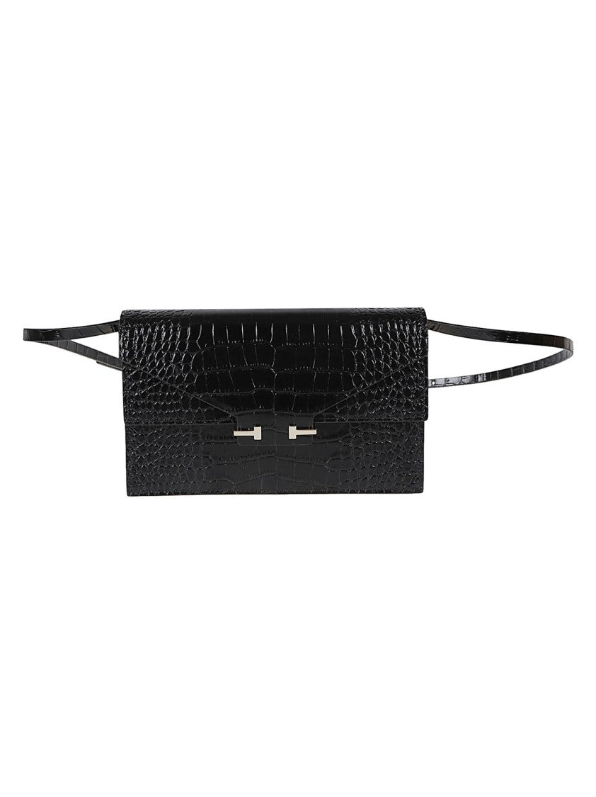 Tom Ford Black Crocodile Effect Buckle Shoulder Bag