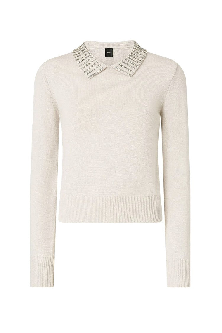 Pinko Ivory Crystal-Embellished Nylon-Blend Sweater