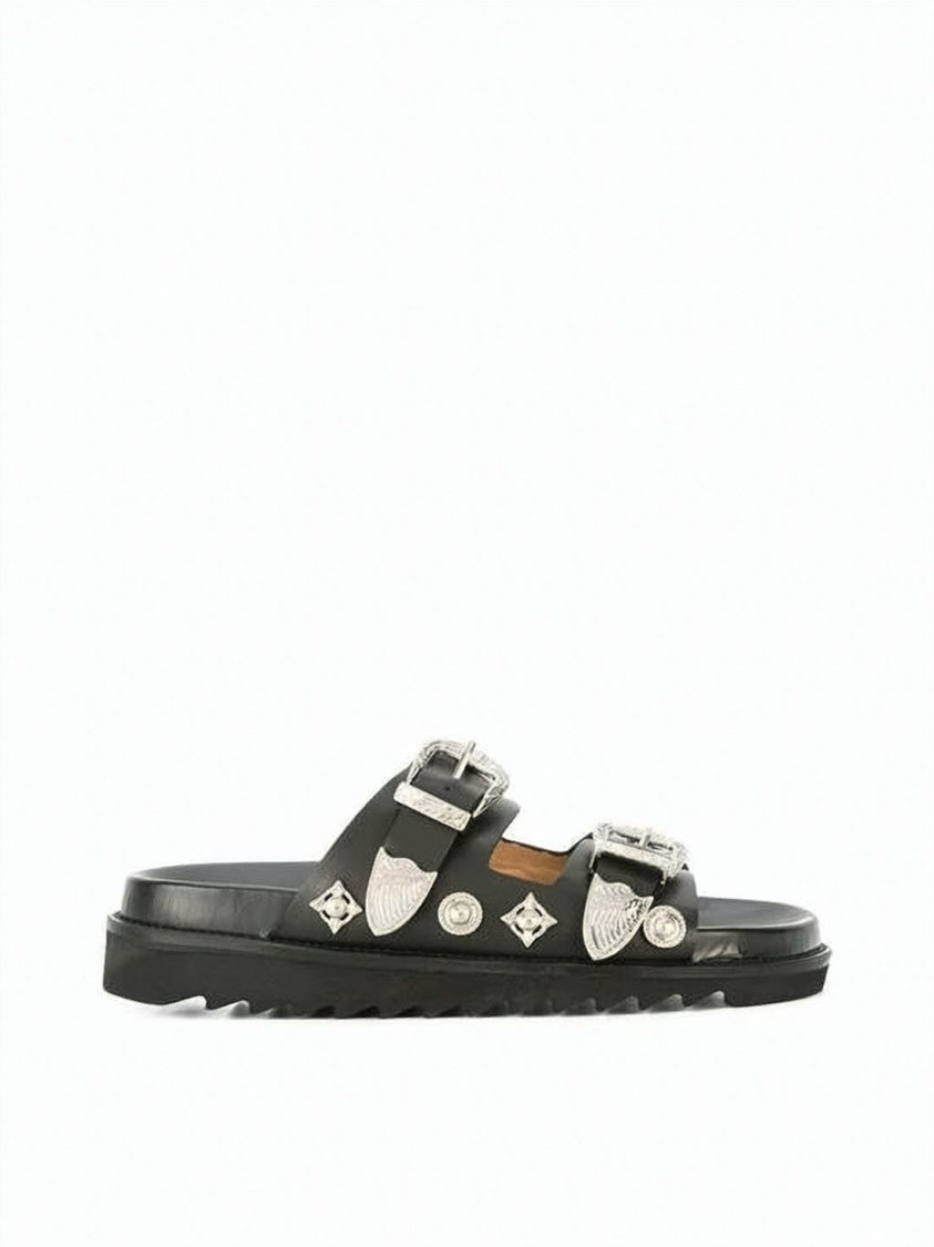 Toga Black Leather Slide Sandals With Metallic Buckles And Studs