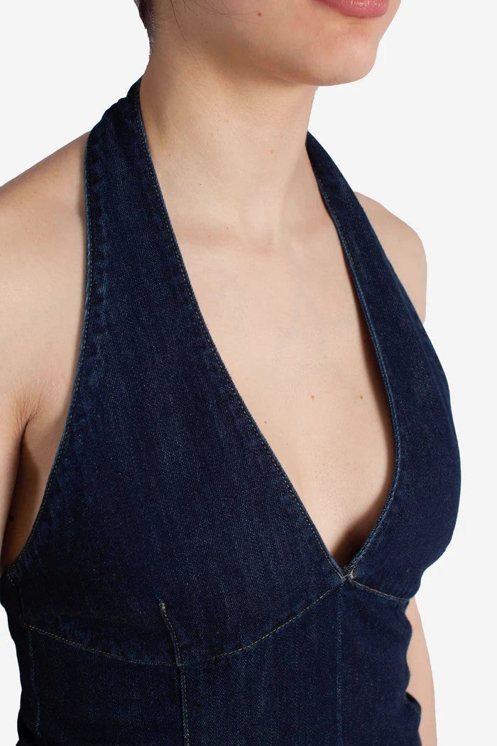Mc2 Saint Barth Dark Blue Denim Mini Dress With Halter Neckline