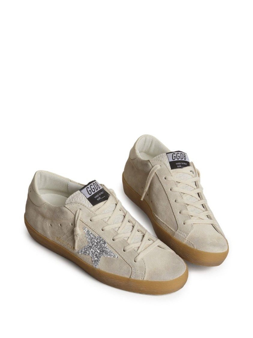 Golden Goose Beige Suede Low-Top Sneakers With Silver Glitter Star Accent